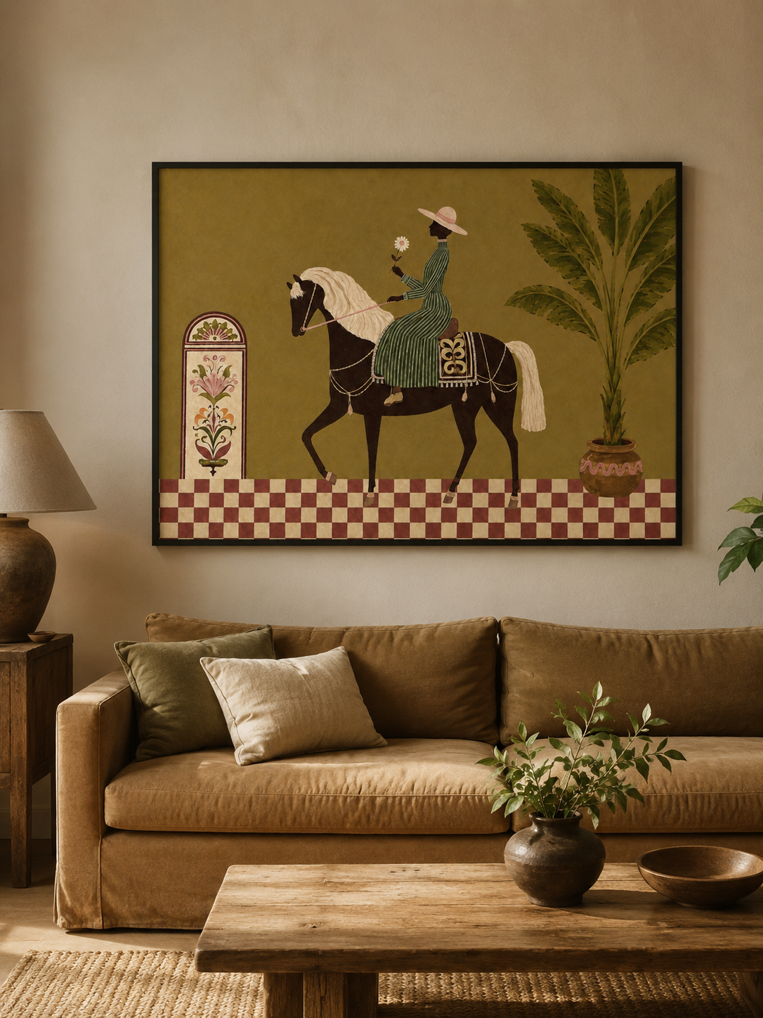 Tropical Equestrian Woman Painting, Vintage Resort Horse Art, Botanical Wall Decor