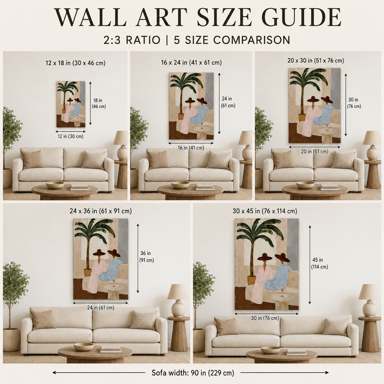 Bohemian Coastal Art With Palm Tree And Striped Figures For Living Room Decor