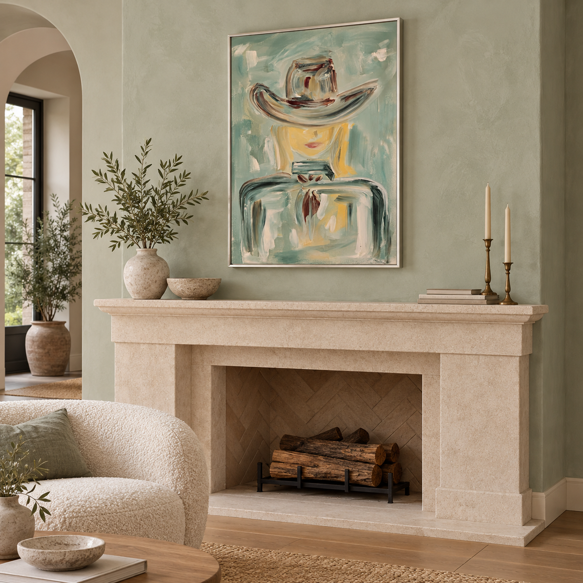 Abstract Cowboy Figure Painting In Sage Green For Modern Wall Decor