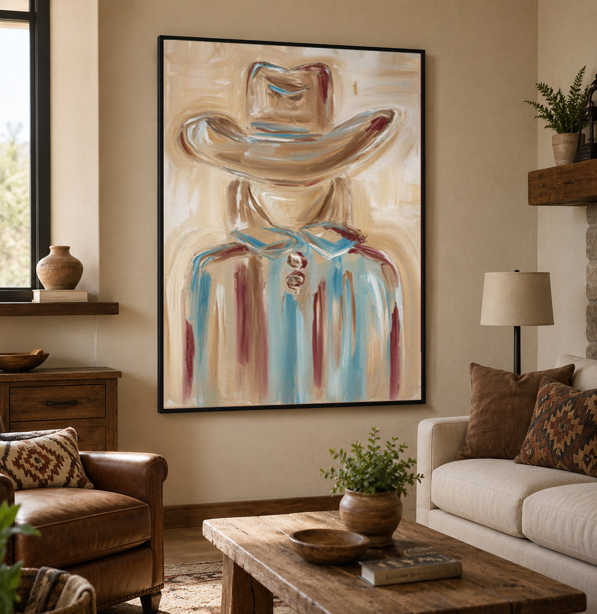 Cowgirl Portrait Canvas Painting Hand-Painted Wall Art In Blue And Beige