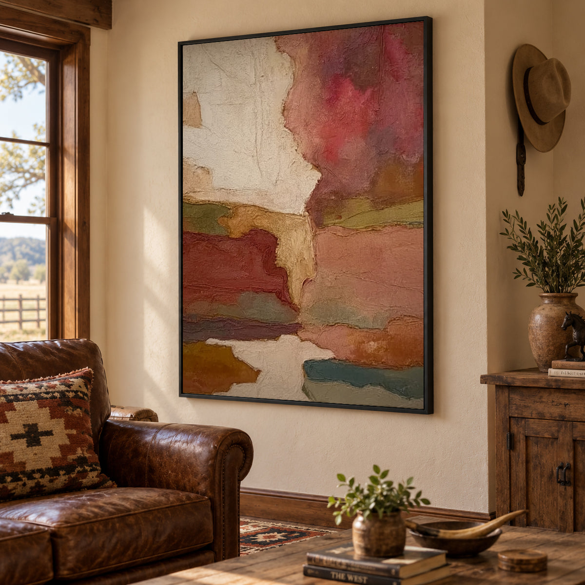 Earth Tone Art Vintage Terracotta Abstract Landscape Painting | Cream & Olive Organic Wall Art