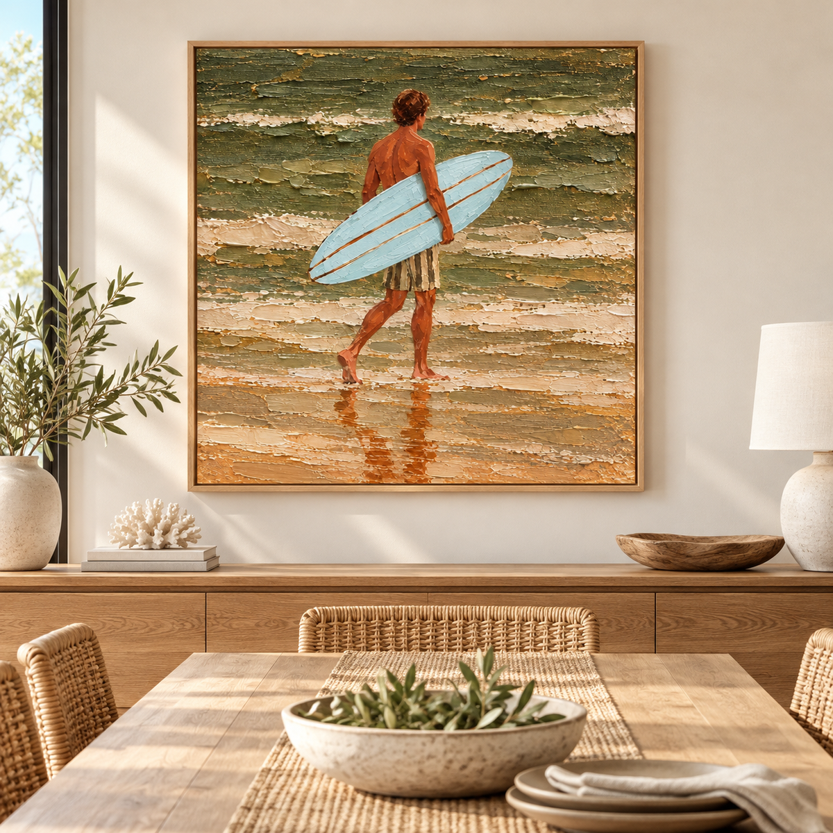 Blue Surfboard Canvas Art, Heavy Impasto Ocean Waves Painting, Coastal Beach House Wall Decor