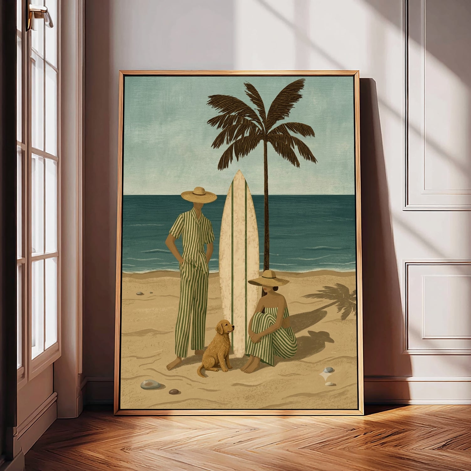 Vintage Surfboard Dog Painting For Coastal Living Room Retro Beach Wall Art