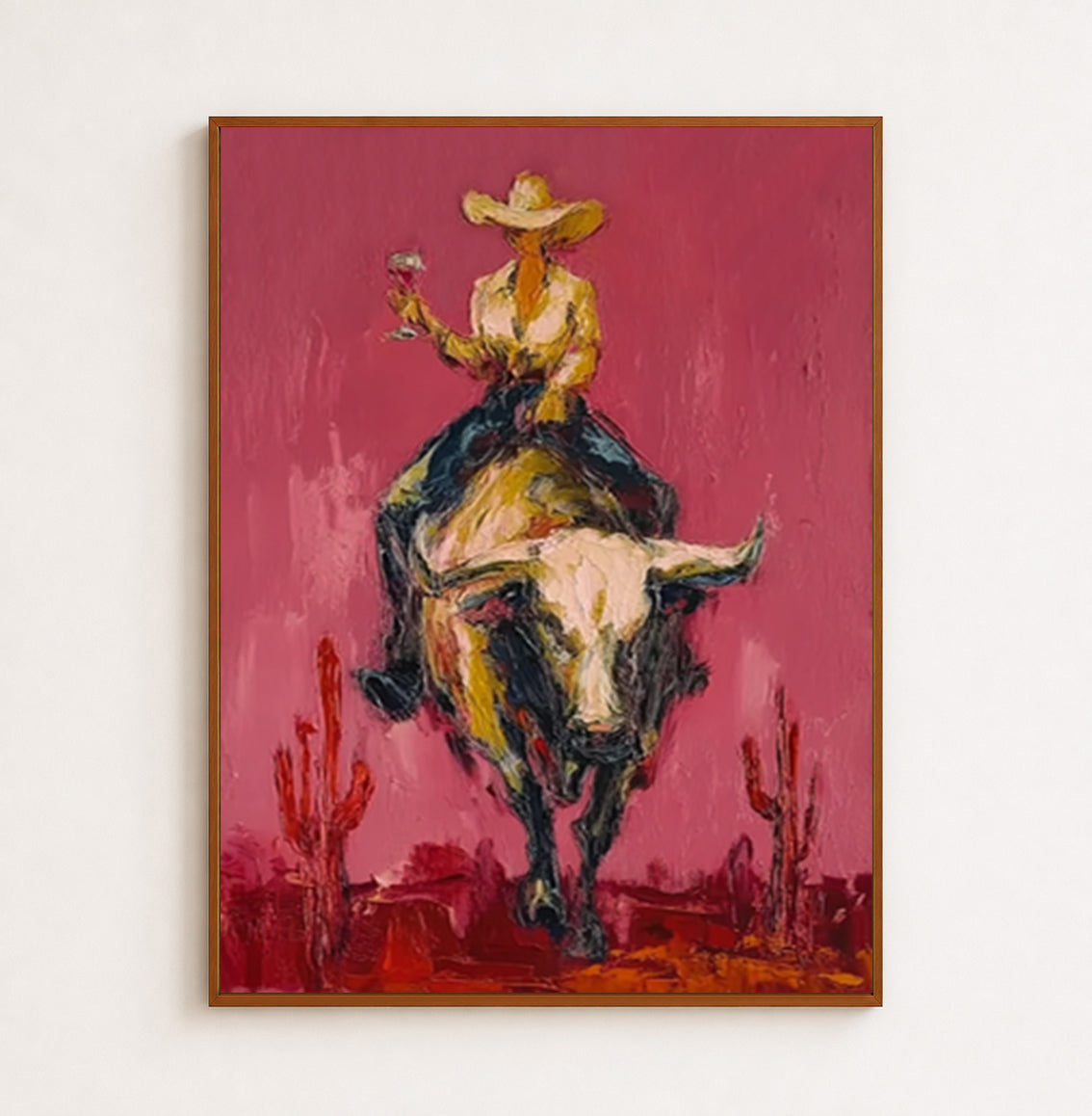 Pink Rodeo Bull Rider Hand-Painted Oil Painting | Southwestern Wall Art