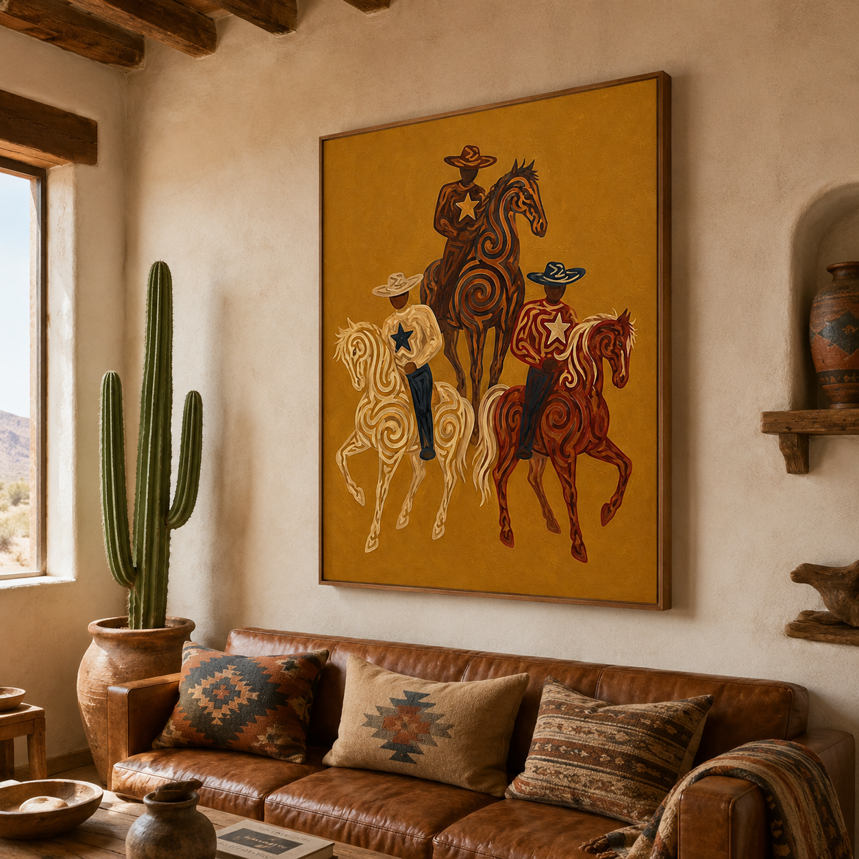 Western Cowboy Horse Oil Painting, Mustard Southwestern Wall Art, Hand Painted Ranch Decor