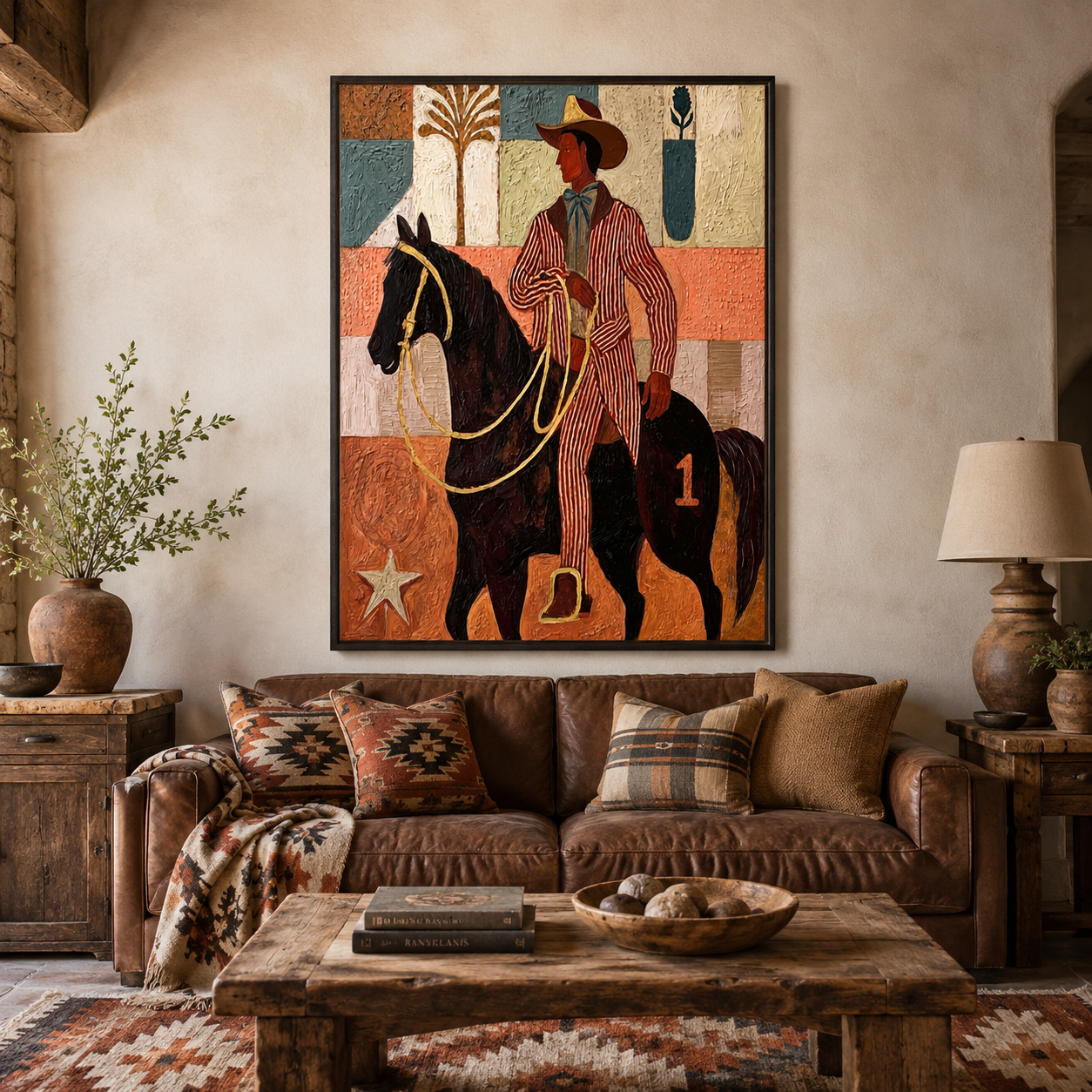 Vintage Cowboy Painting On Horse With Textured Canvas For Western Home Decor