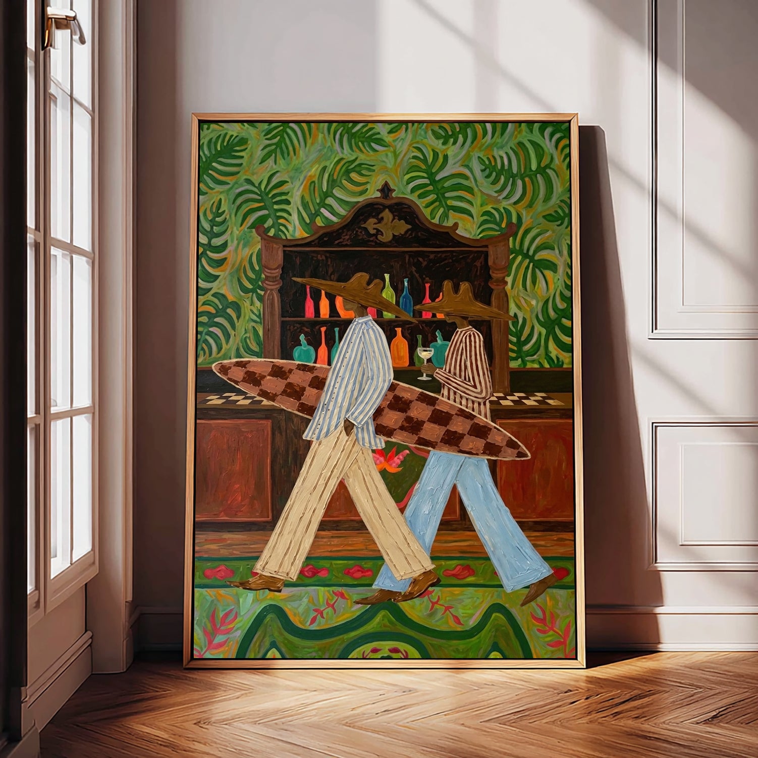 Vintage Tropical Surfboard Painting For Coastal Wall Decor With Retro Folk Art Style