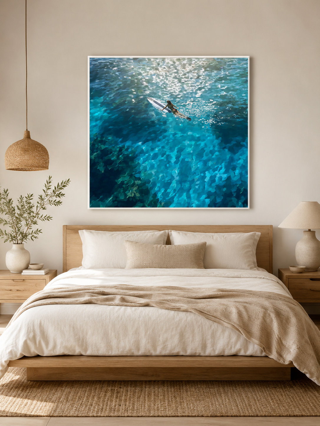 Hand Painted Ocean Swimmer Art For Modern Coastal Living Room Wall Decor Blue