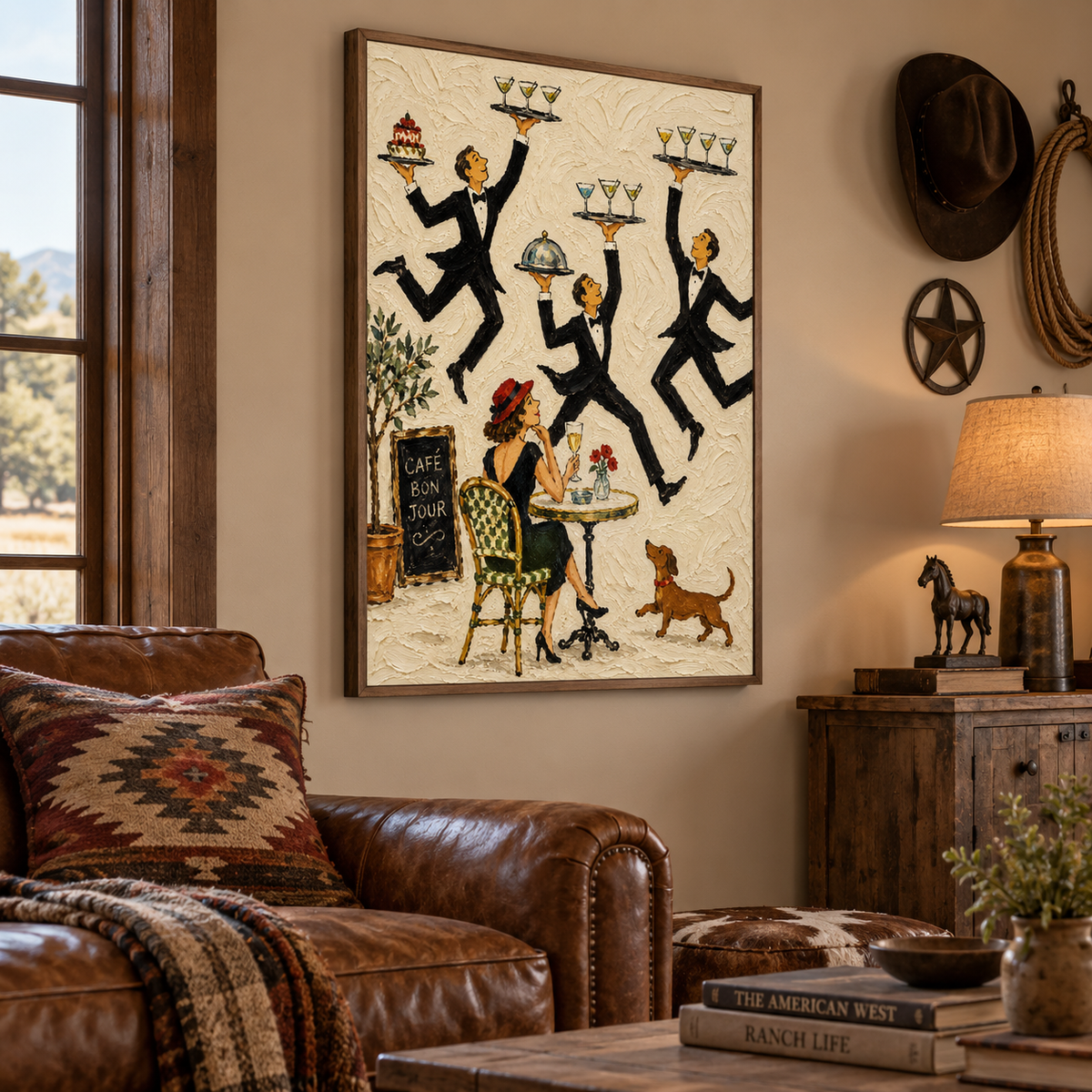 Vintage French Café Waiter Painting Hand-Painted Canvas Art For Dining Room