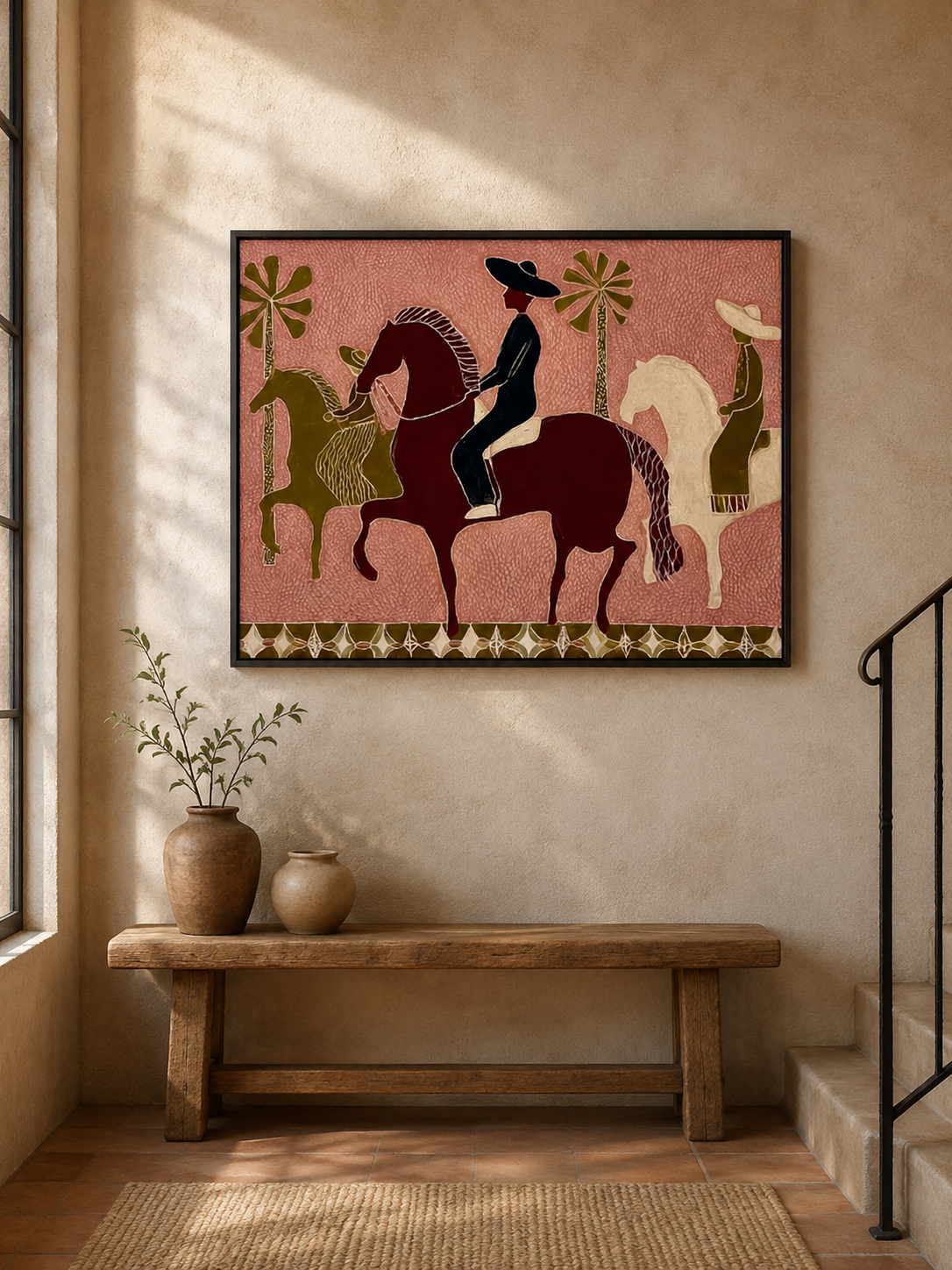 Vintage Folk Horse Art Original Painting With Textured Canvas For Rustic Home Decor