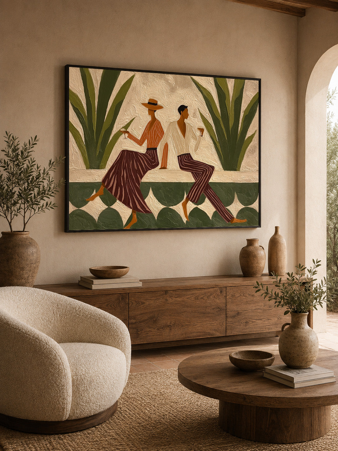 Vintage Figure Painting With Agave Plants Hand-Painted Canvas Art Olive Green Wall Art For Modern Living Room