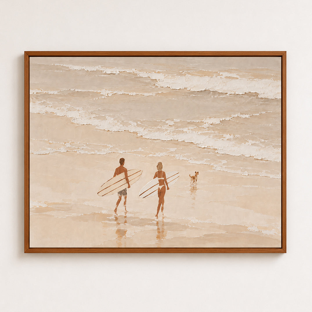 Neutral Cream Beach Canvas Art, Couple And Dog Surfing Wall Decor Surfboard Painting