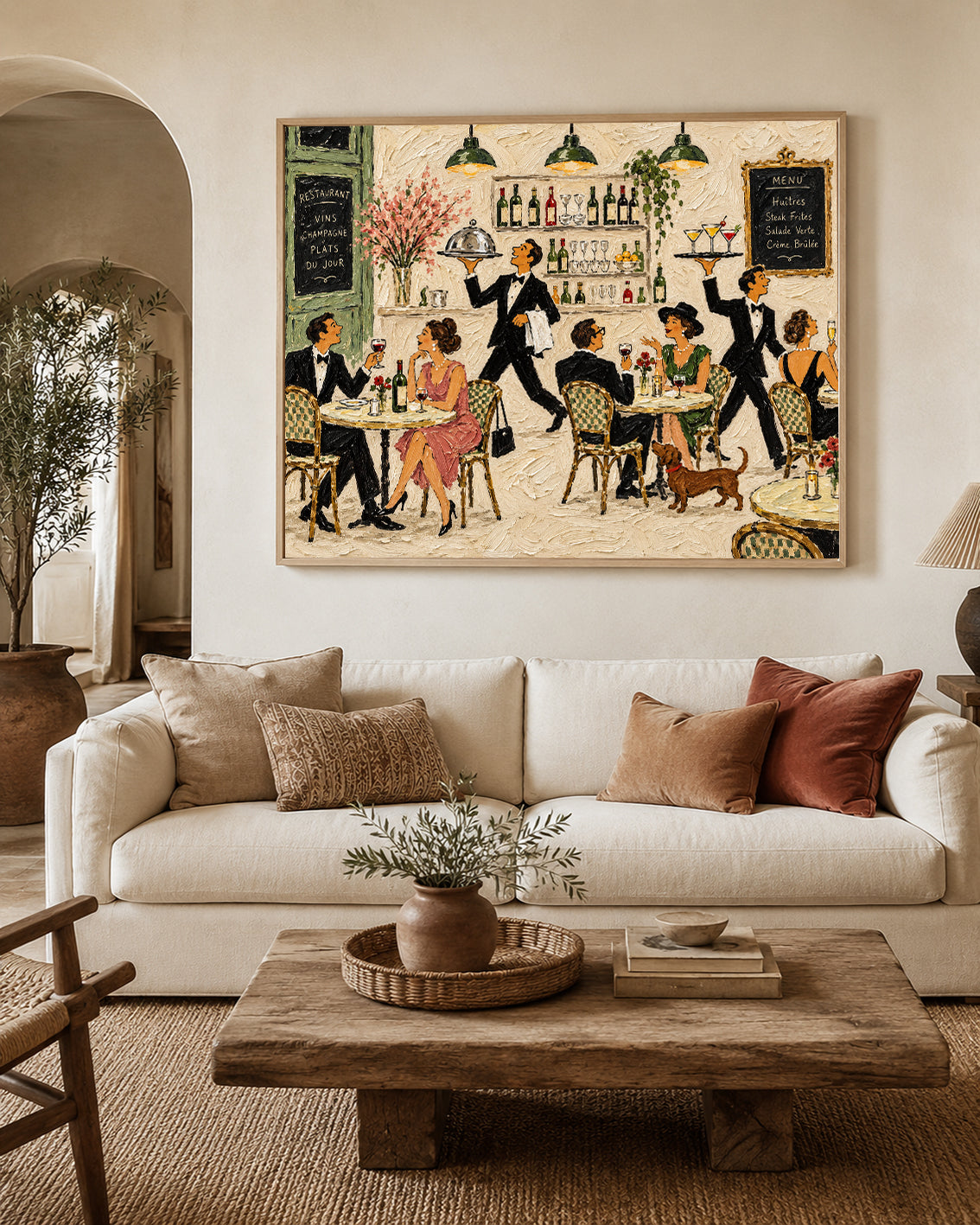 French Restaurant Wall Art, Paris Bistro Dining Scene Painting, Vintage Cafe Waiters Wine Bar Decor