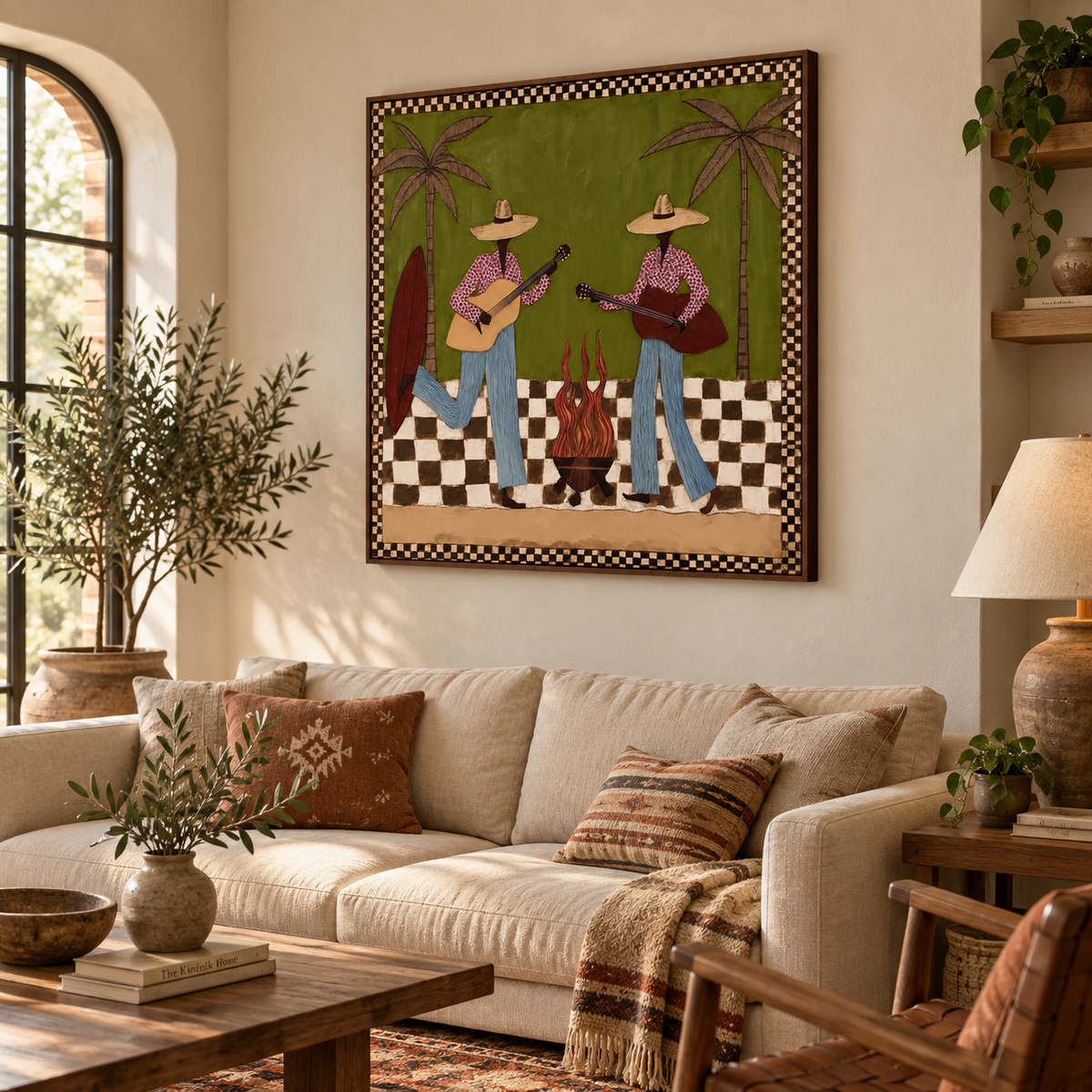 Cowgirl Guitar Painting, Retro Western Music Wall Art With Palm Trees, Olive Green Southwest Decor
