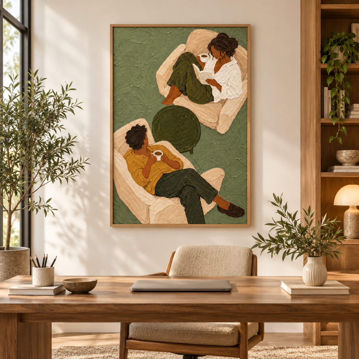 Sage Green Coffee Couple Painting, Original Textured Oil Art, Retro Figurative Canvas