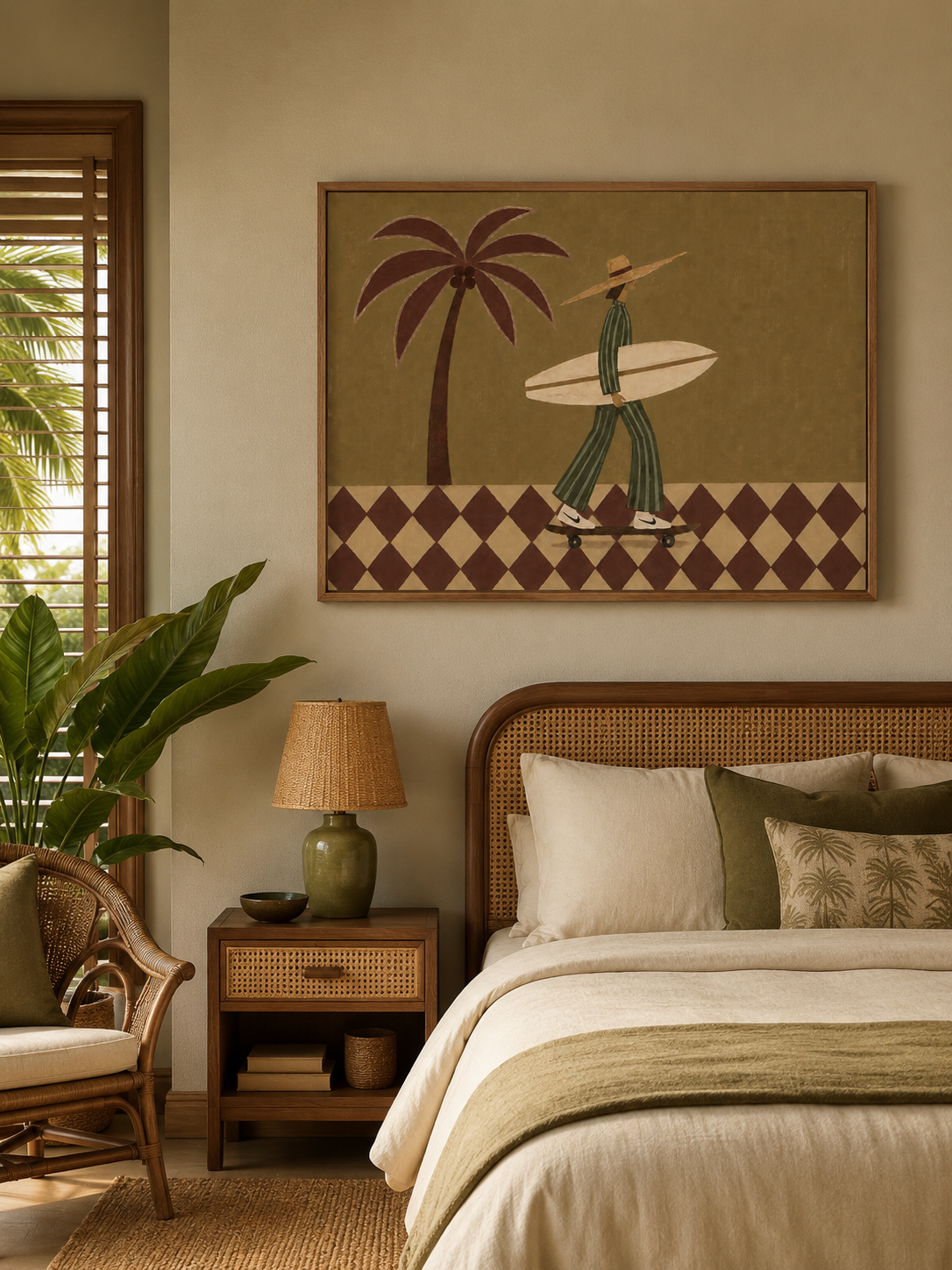Retro Surf Art With Palm Tree And Skateboard For Modern Living Room Wall Decor