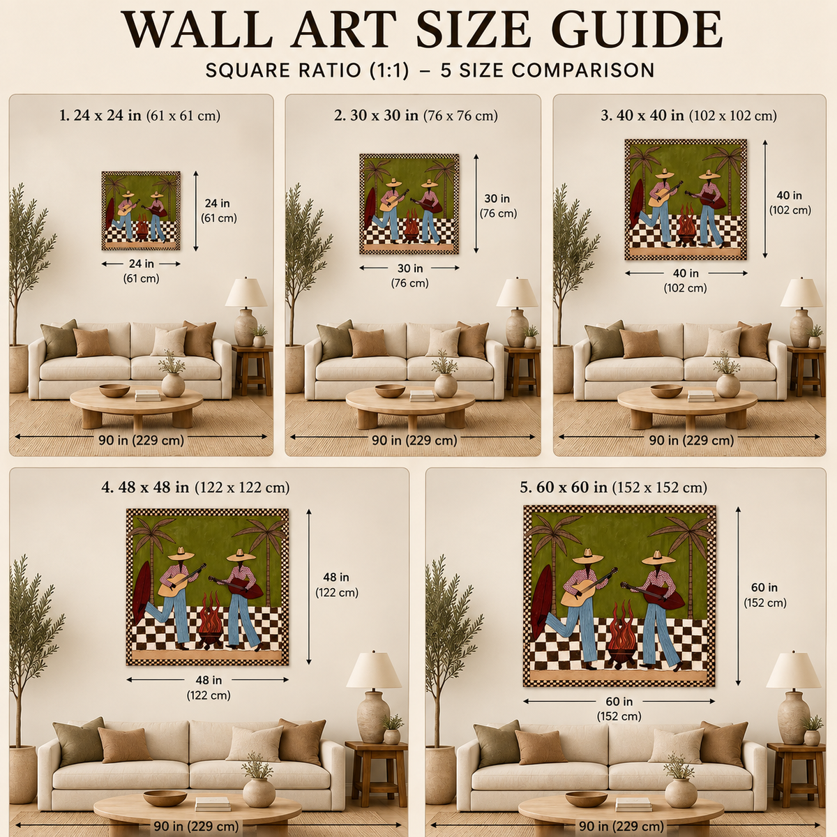 Cowgirl Guitar Painting, Retro Western Music Wall Art With Palm Trees, Olive Green Southwest Decor
