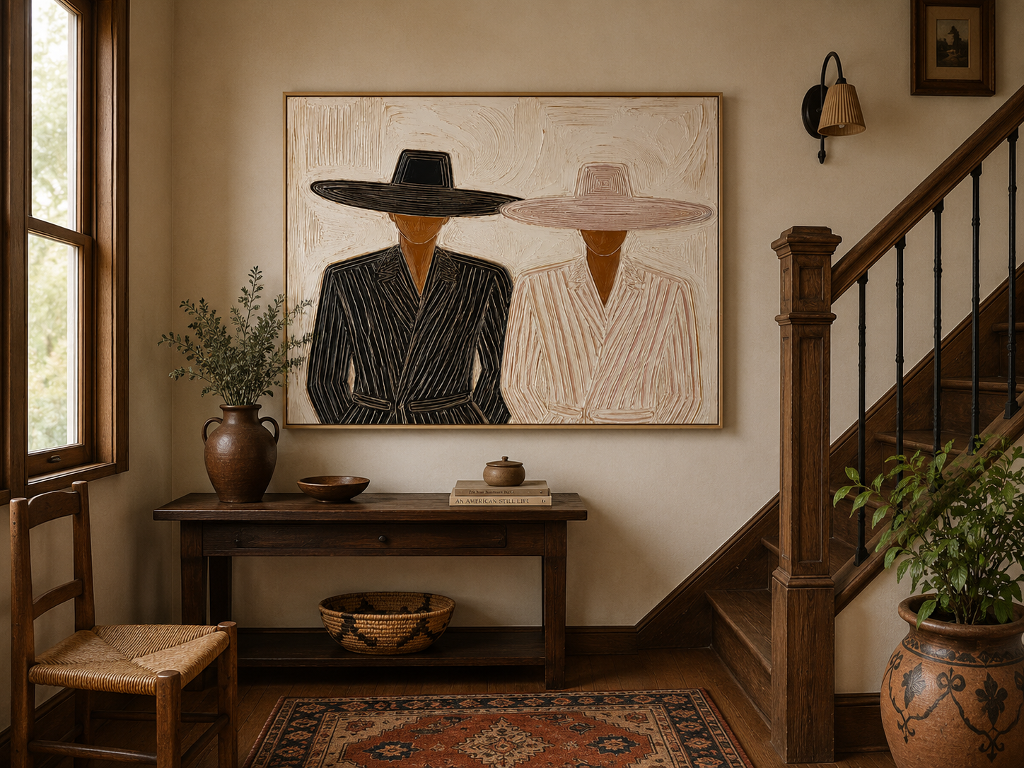 Minimalist Figure Painting With Hats For Modern Living Room Decor In Beige And Black