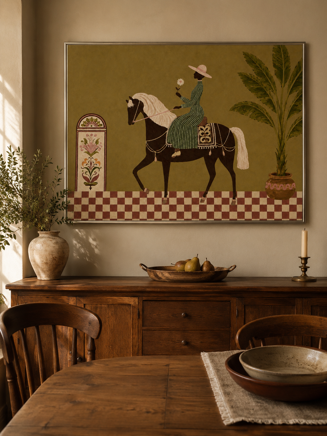 Tropical Equestrian Woman Painting, Vintage Resort Horse Art, Botanical Wall Decor