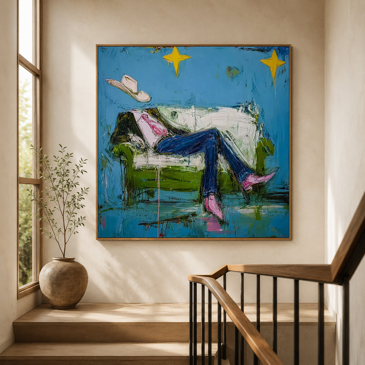 Surreal Cowboy Art With Stars And Green Sofa Modern Wall Decor For Living Room