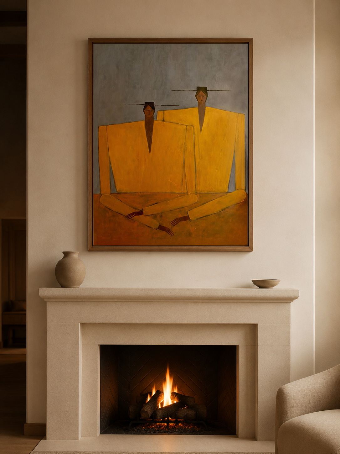 Hand-Painted Figurative Abstract Portrait Painting- Modern Yellow Statement Piece for Living Room