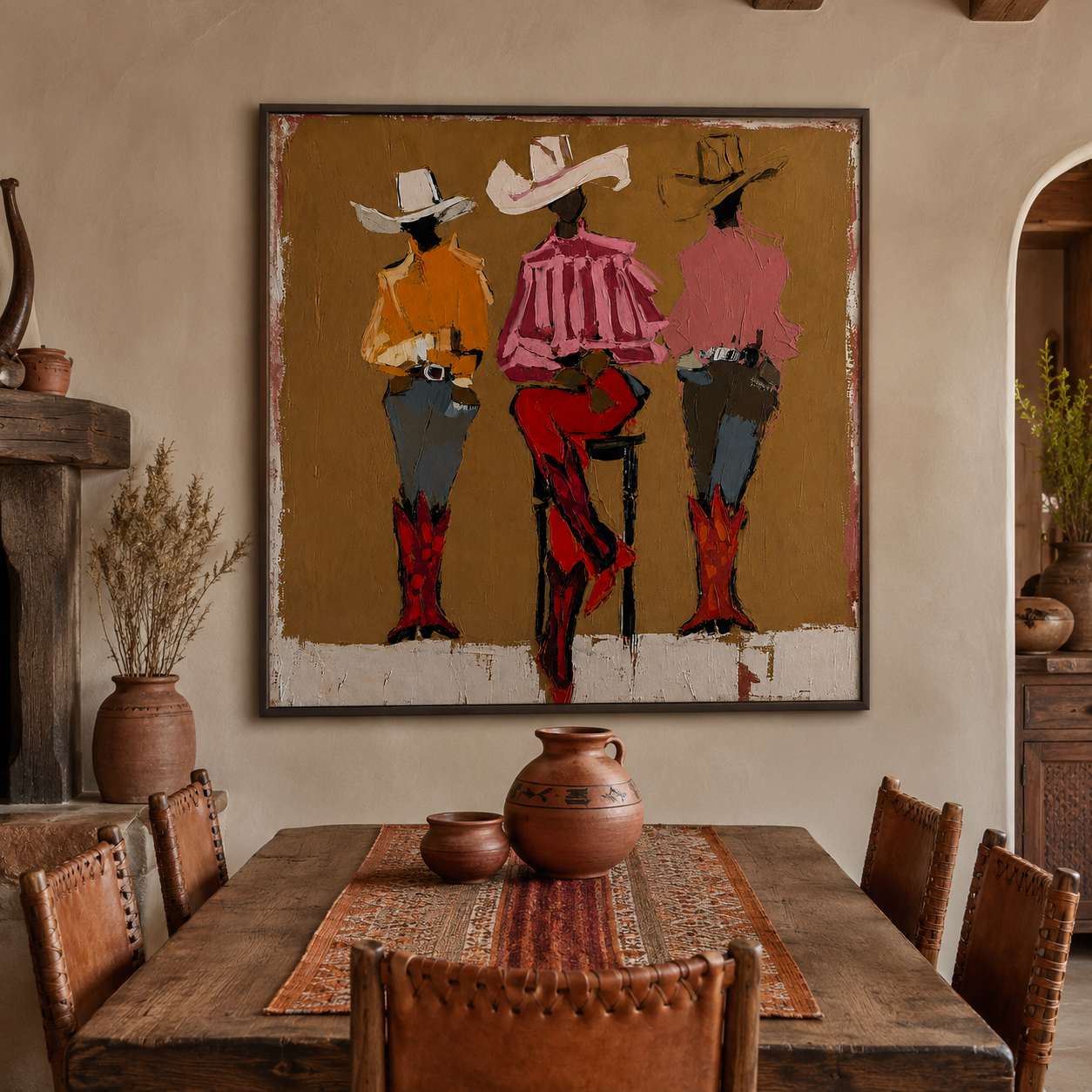 Three Cowgirls Figure Painting Retro Western Art With Textured Brushstrokes For Home Wall