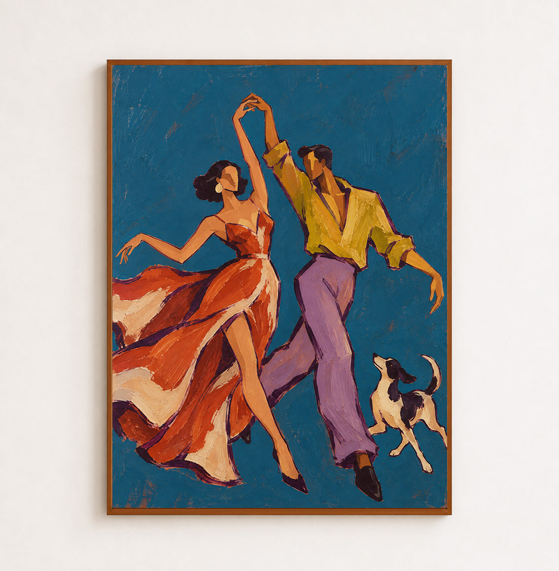 Passionate Tango Dancers Canvas Painting With Dog In Blue And Orange