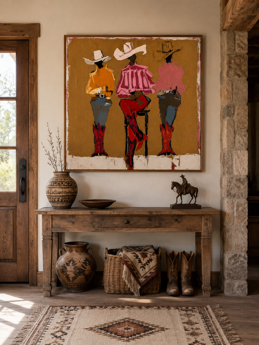 Three Cowgirls Figure Painting Retro Western Art With Textured Brushstrokes For Home Wall