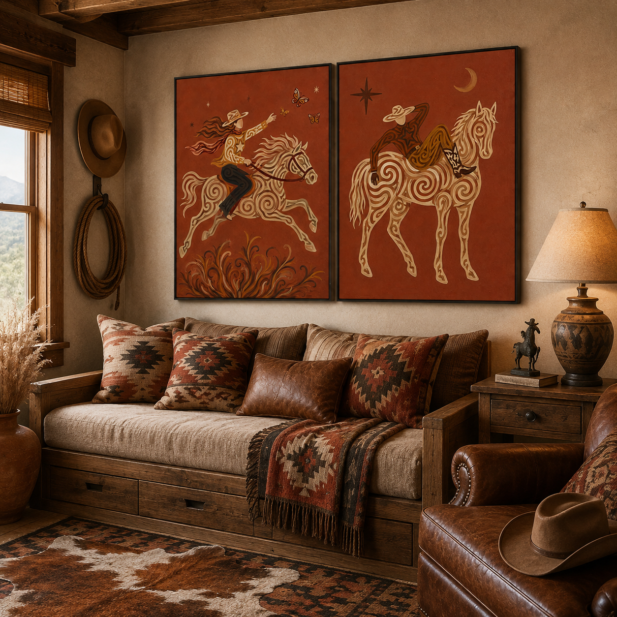 Western Cowboy Wall Art, Rustic Red Horse Canvas, Boho Equestrian Art, Vintage Cowboy Aesthetic, Set Of 2 Western Room Decor
