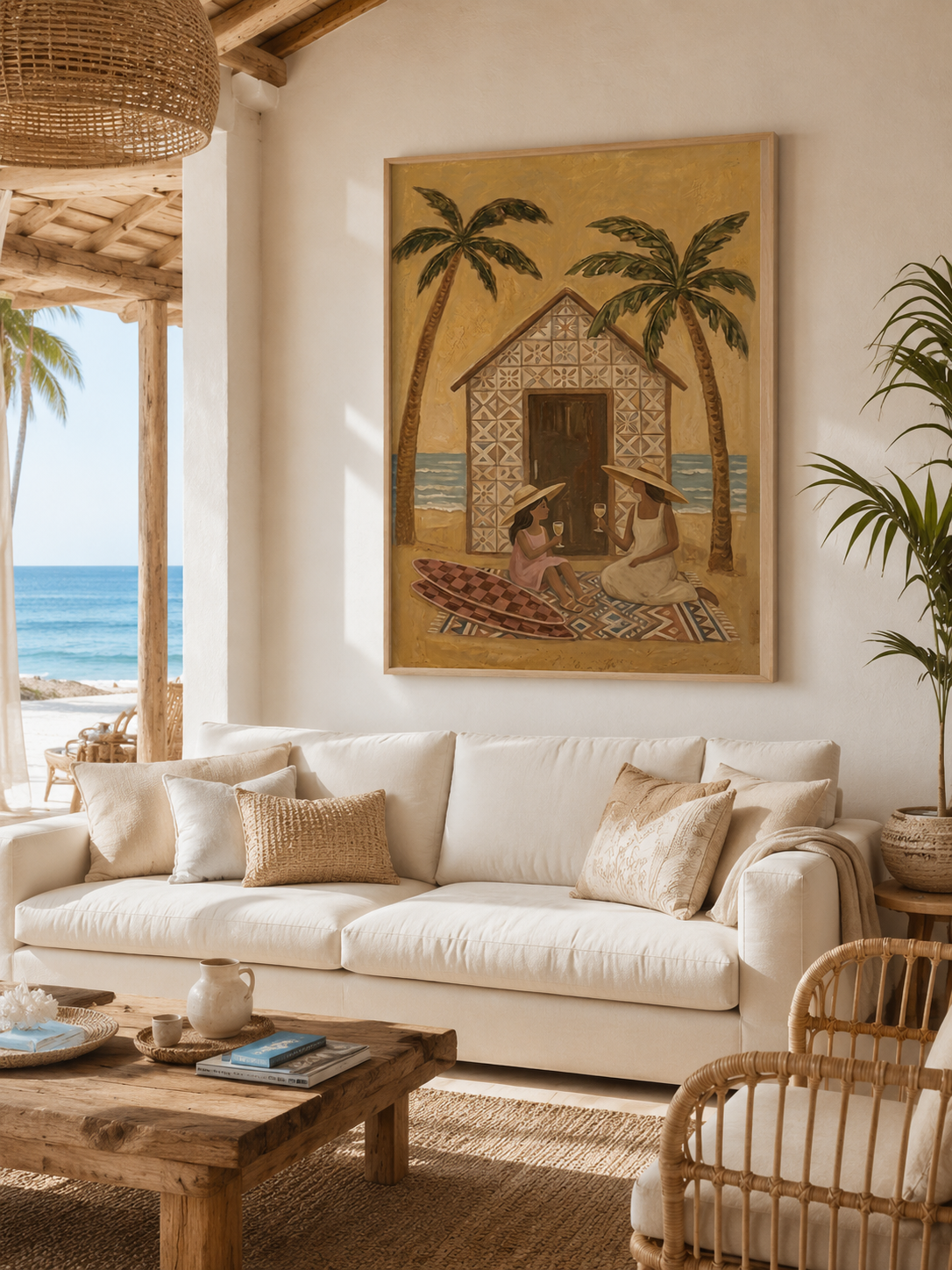 Bohemian Beach Art With Palm Trees And Mother Daughter Scene For Coastal Home Wall Decor