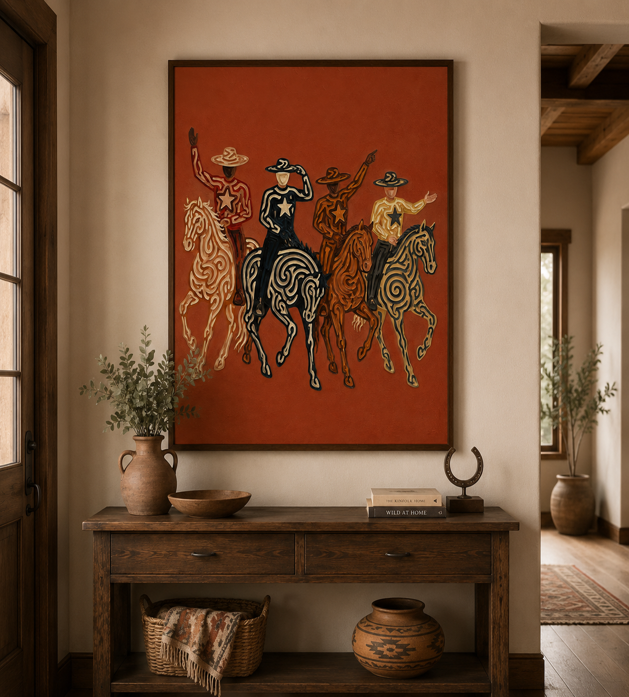 Four Cowboys Horse Painting, Colorful Western Riders, Terracotta Southwestern Wall Art