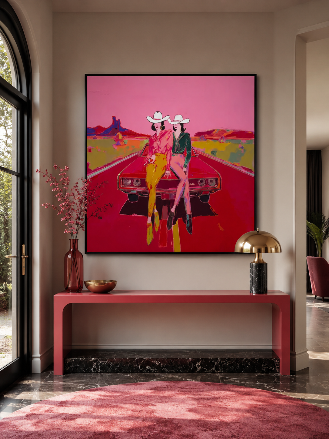 Vibrant Pink Cowgirl Pop Art Painting On Canvas For Modern Western Home Decor