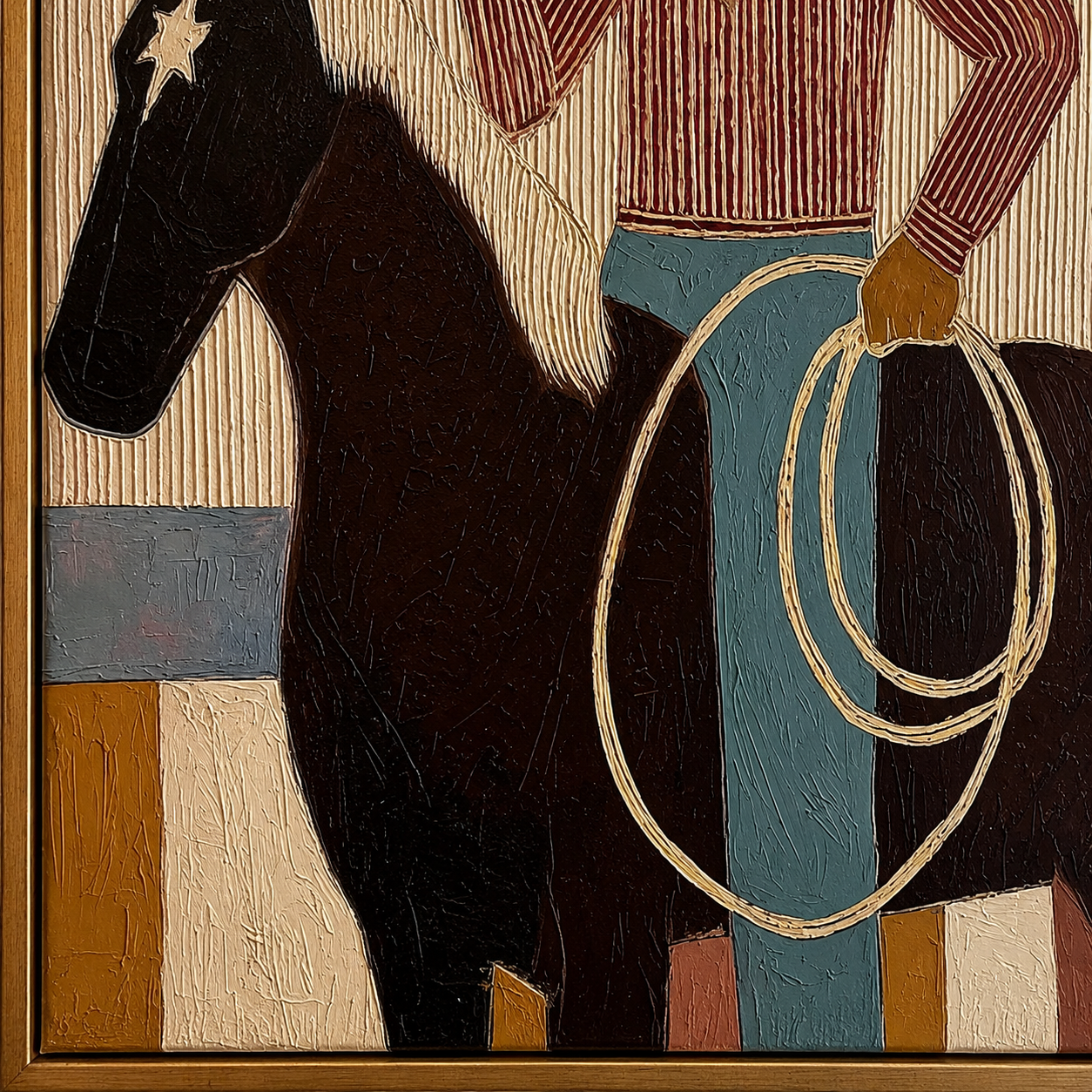 Folk Cowboy Painting With Horse And Lasso For Rustic Wall Decor