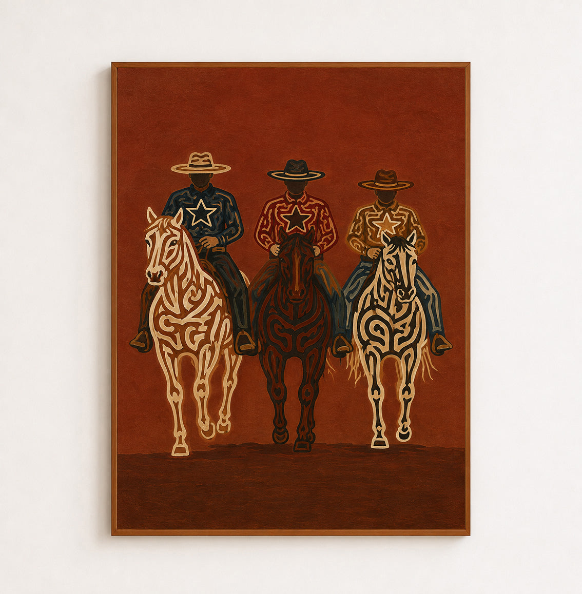Vintage Three Cowboys Horse Painting, Western Ranch Riders, Rustic Southwestern Wall Art