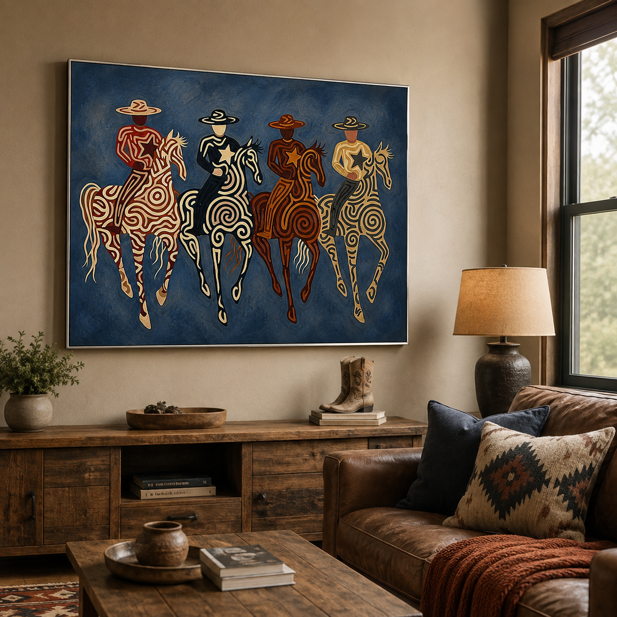 Four Cowboy Riders Painting, Navy Blue Western Horse Art, Southwestern Folk Wall Decor