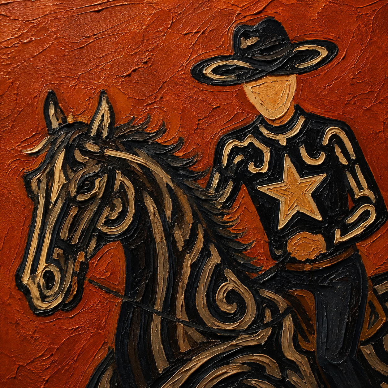 Panoramic Cowboy Horsemen Painting, Terracotta Western Riders, Rustic Ranch Wall Art