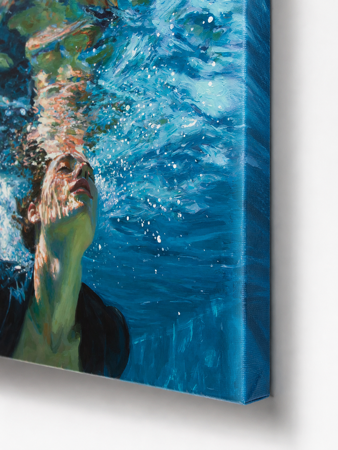 Modern Underwater Figure Painting With Bubbles And Blue Waves For Living Room Decor