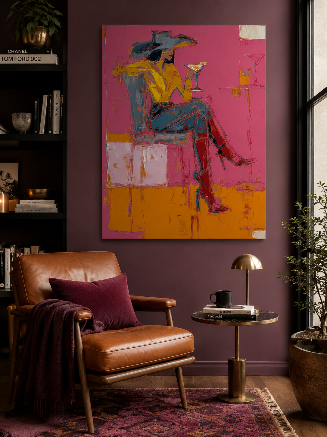 Bold Figurative Oil Painting Of Woman In Hat With Expressive Brushstrokes For Home Wall