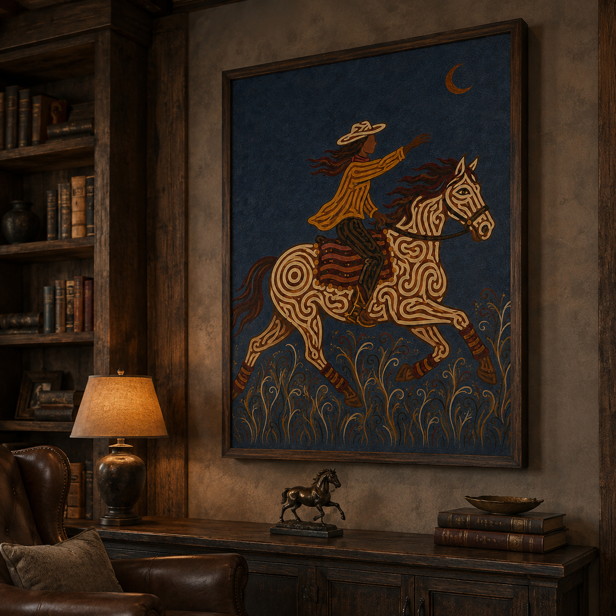 Wild West Cowboy Riding Horse Painting, Rodeo Western Wall Art, Southwestern Ranch Decor