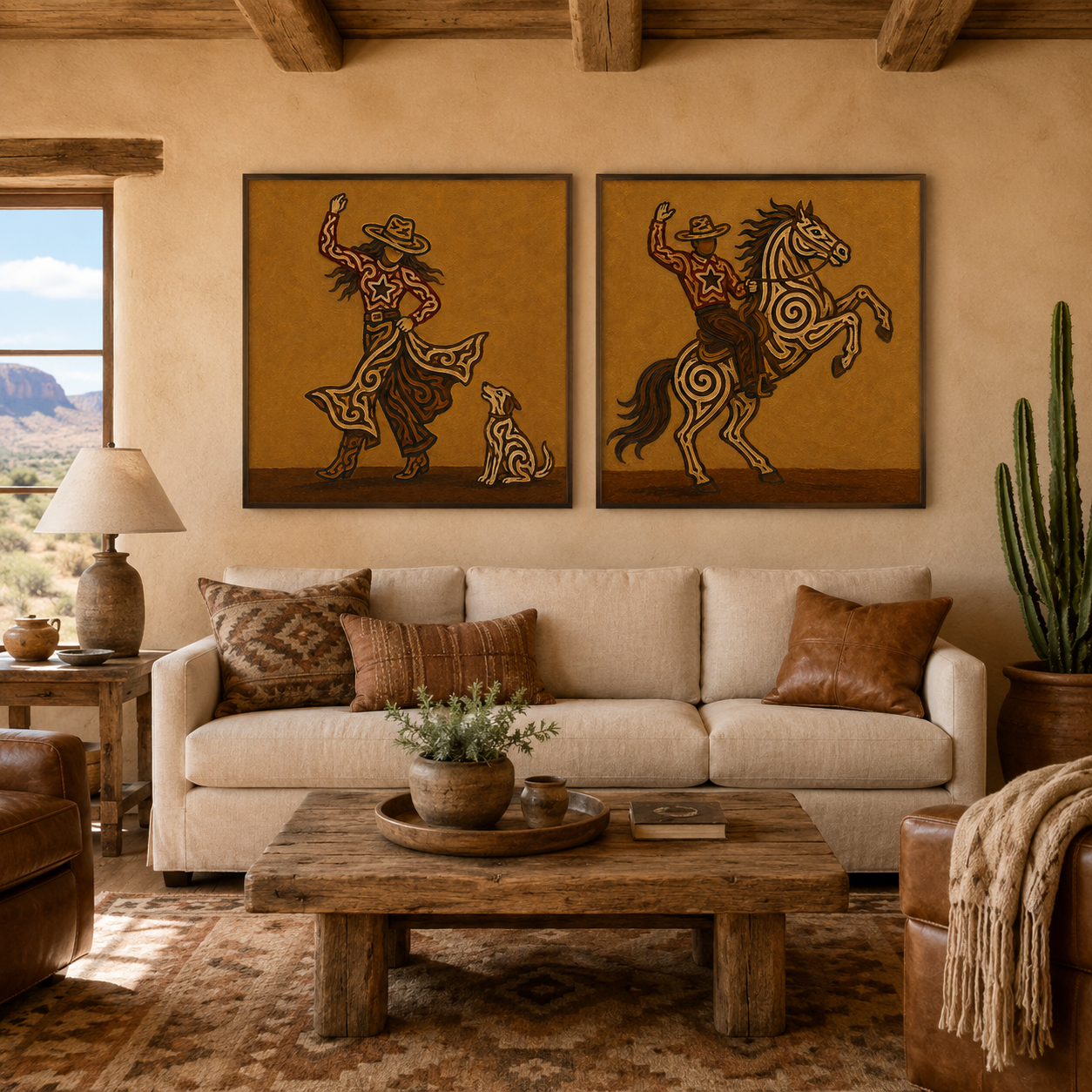 Cowboy Riding Horse Painting Rustic Western Cowgirl And Horse Set Of 2 Wall Art For Living Room