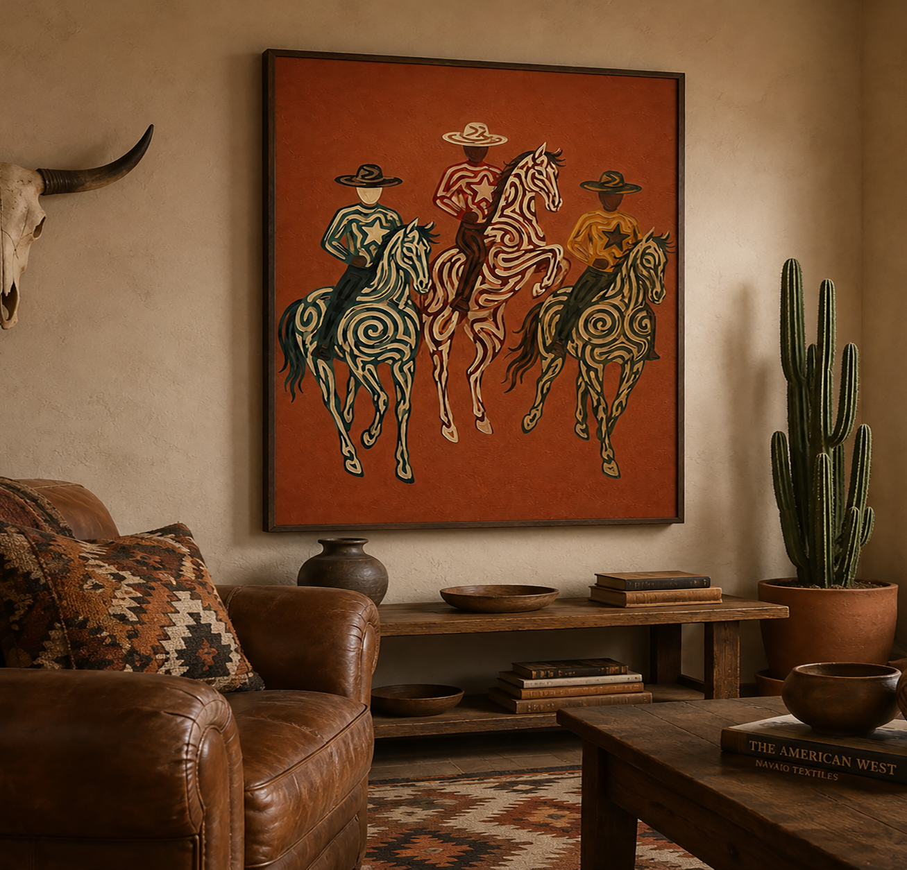 Red Western Cowboys Painting, Desert Horse Riders, Southwestern Ranch Landscape Wall Art