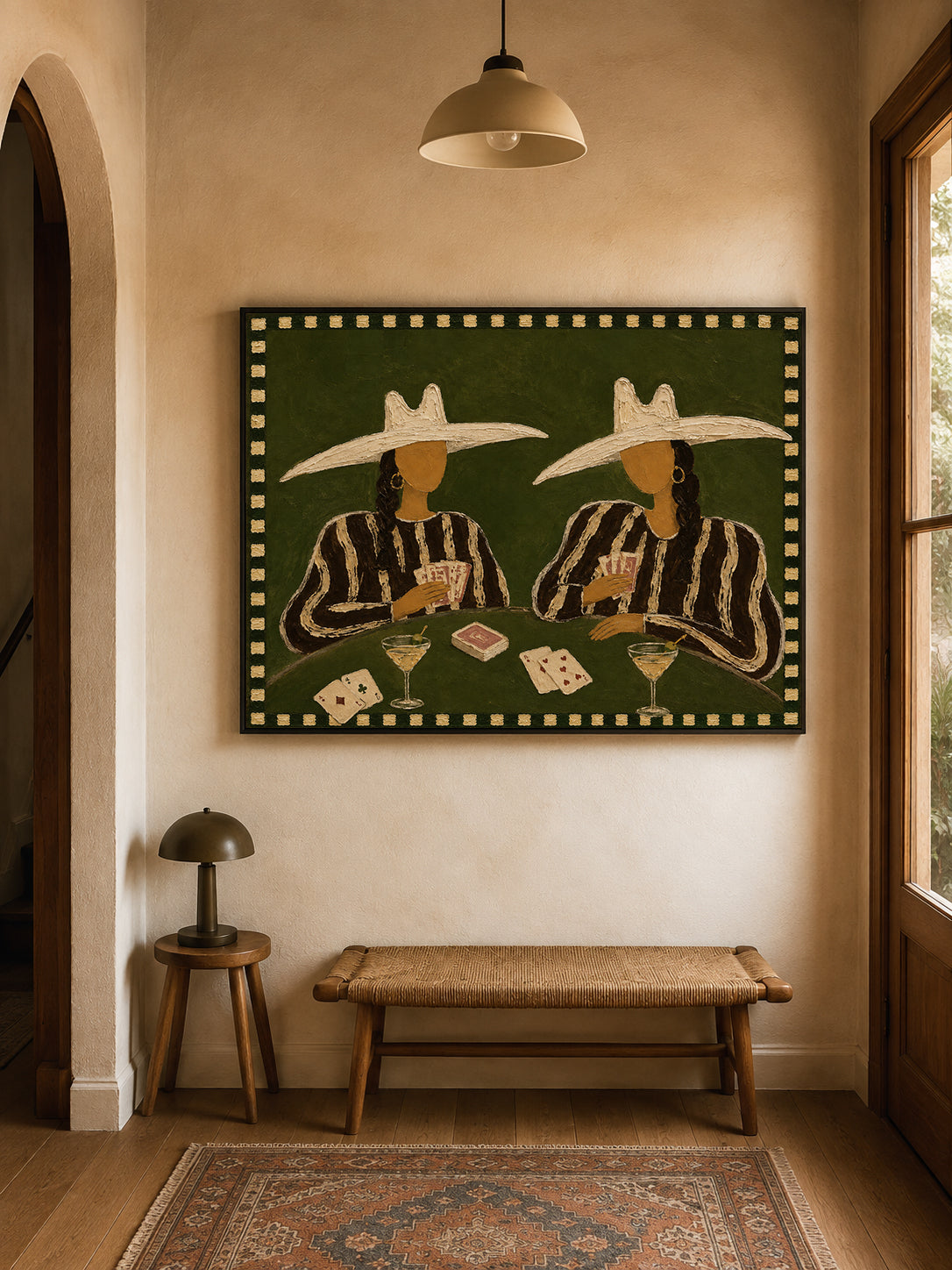 Cowgirl Poker Painting, Western Casino Wall Art With Cocktails, Dark Green Game Room Decor