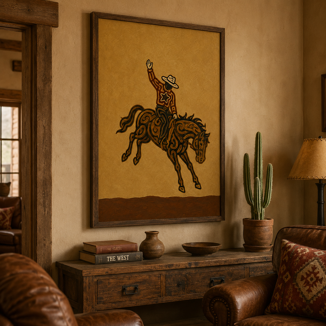 Rodeo Cowboy Painting, Bucking Horse Western Wall Art, Rustic Southwestern Ranch Decor