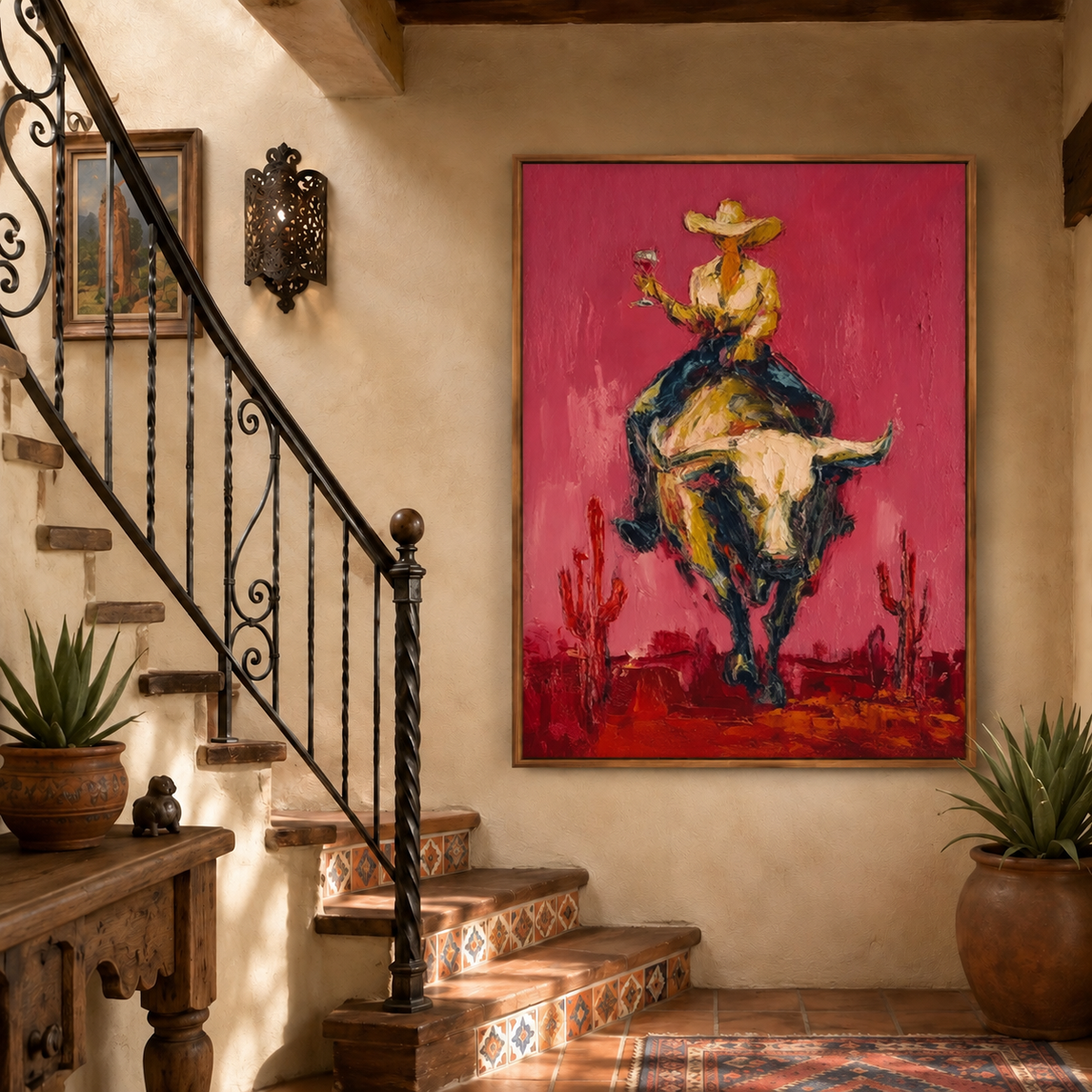 Pink Rodeo Bull Rider Hand-Painted Oil Painting | Southwestern Wall Art