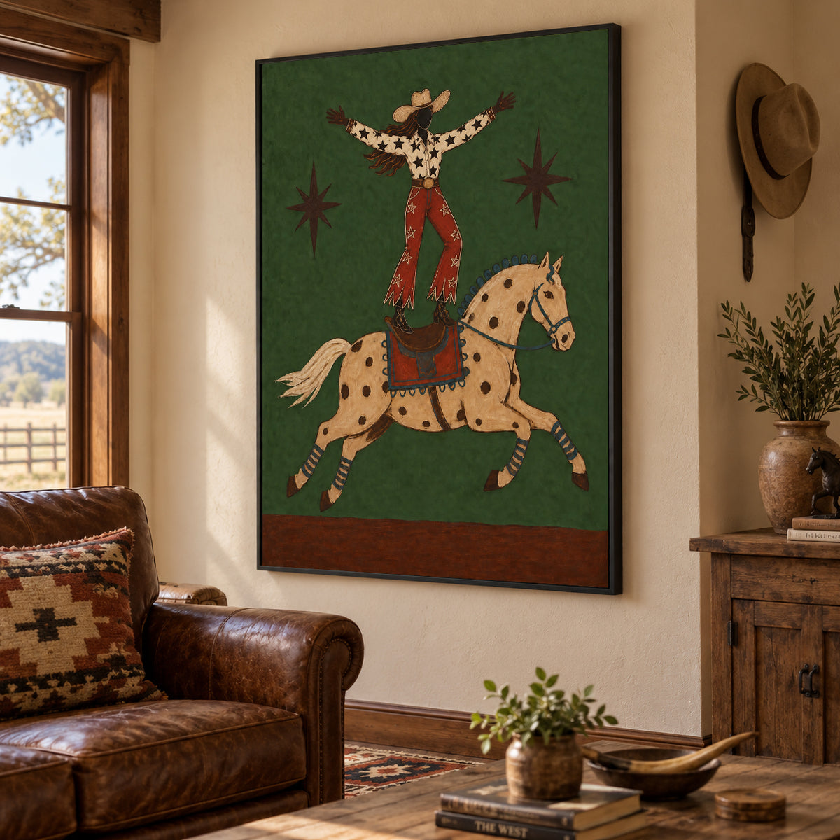 Western Wall Art For Living Room Green Horse Painting Handmade Cowboy Decor