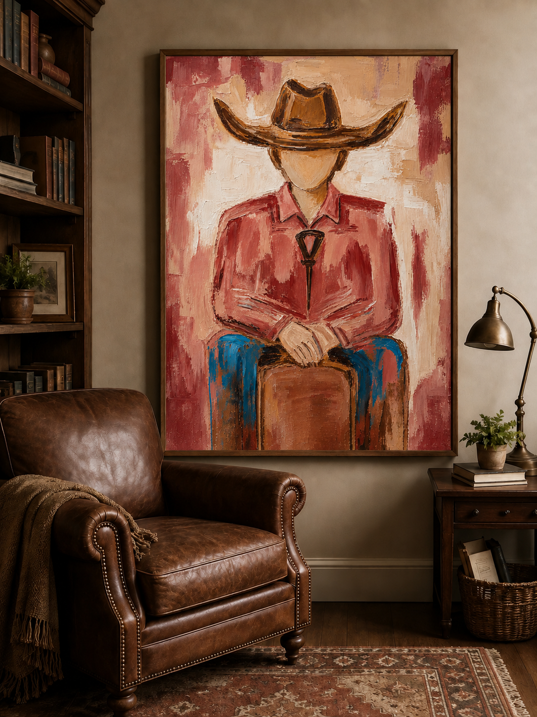 Cowboy Portrait Canvas Painting With Red Shirt And Hat Original Hand-Painted Wall Art