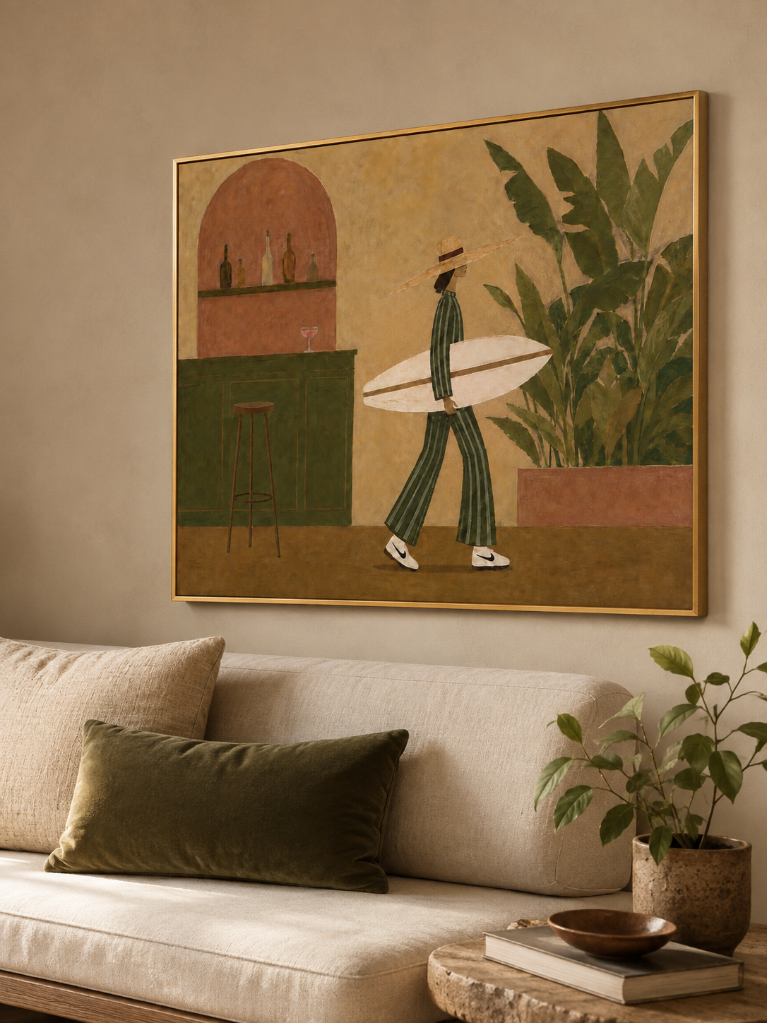 Surfer Girl Wall Art Surfer Woman Oil Painting, Surfboard Wall Art, Retro Coastal Bar Decor