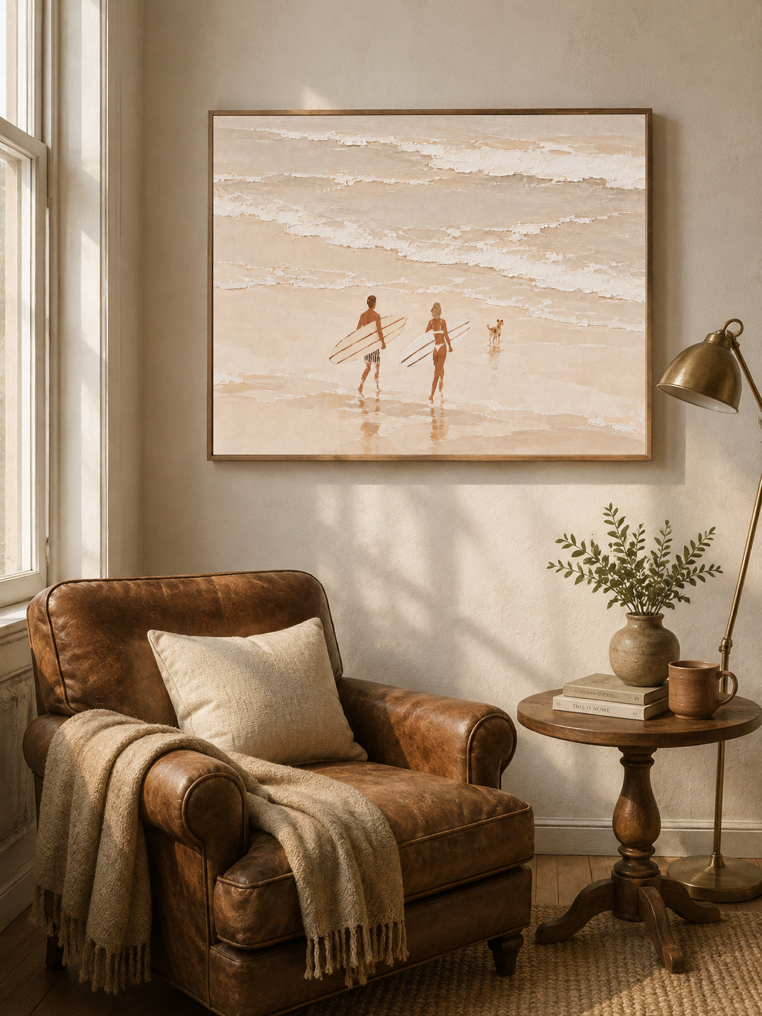 Neutral Cream Beach Canvas Art, Couple And Dog Surfing Wall Decor Surfboard Painting