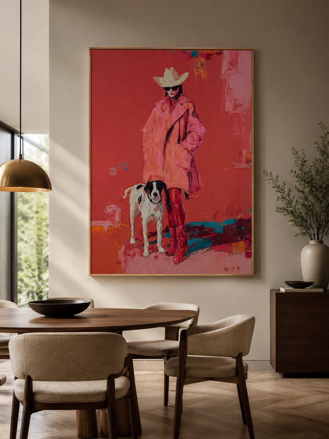 Bold Pop Art Canvas Featuring Stylish Woman With Spotted Dog In Vibrant Red Colors