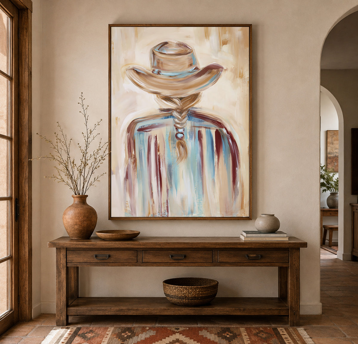 Cowgirl Back View Canvas Painting Hand-Painted Western Art In Beige And Blue